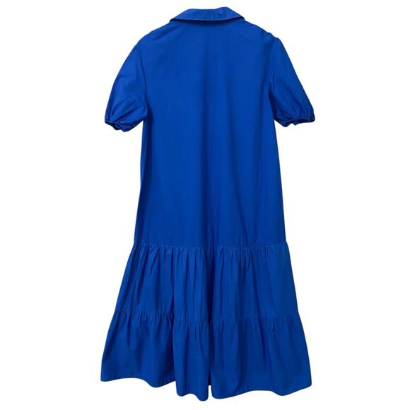 Zara Cotton Poplin Midi Dress Medium Cobalt Royal Blue Collared Tiered Preppy - Picture 7 of 12